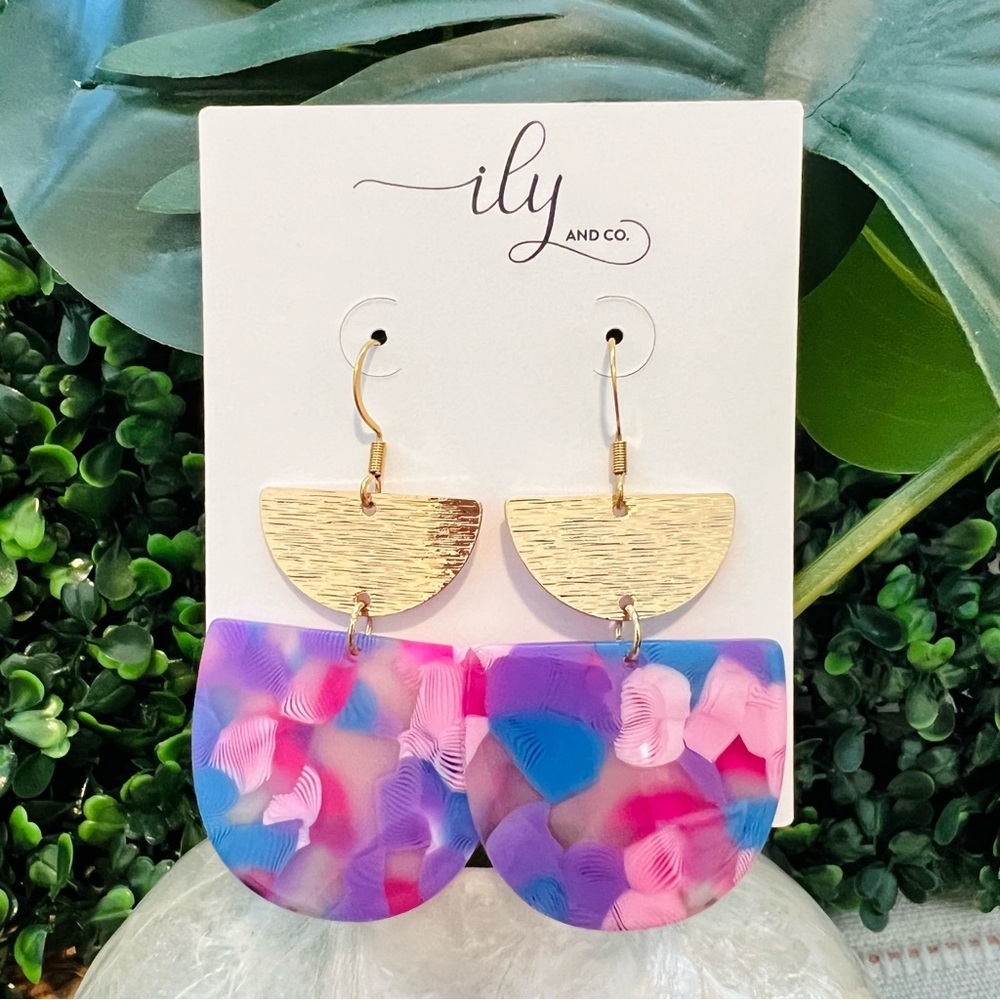 New Gold Tone and Multicolor Acrylic Dangle Earrings | Lightweight | Barbiecore